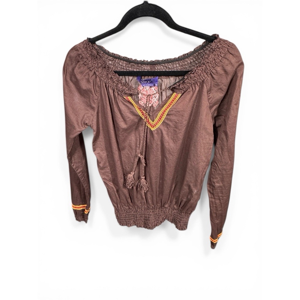Miley Cyrus Max Azria Boho Peasant Blouse Embroidered Tassel Top